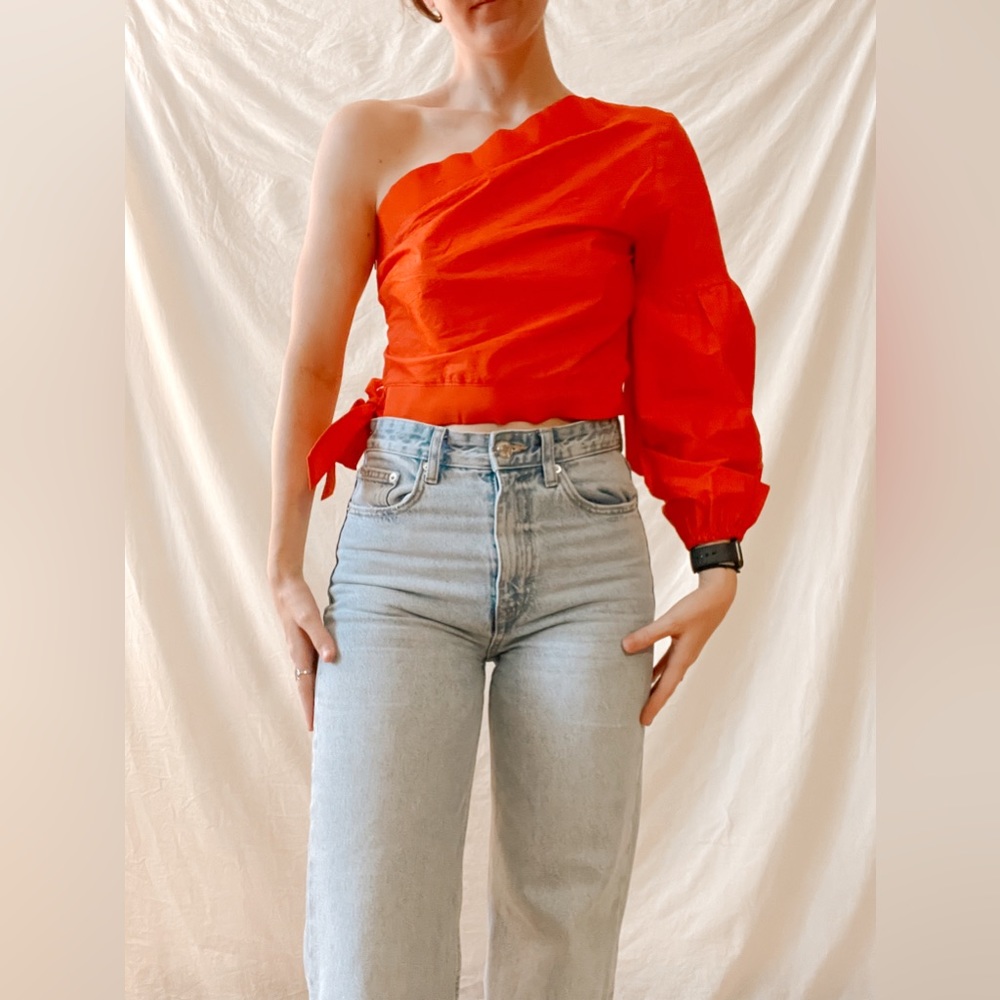 Red one shoulder puff sleeve top